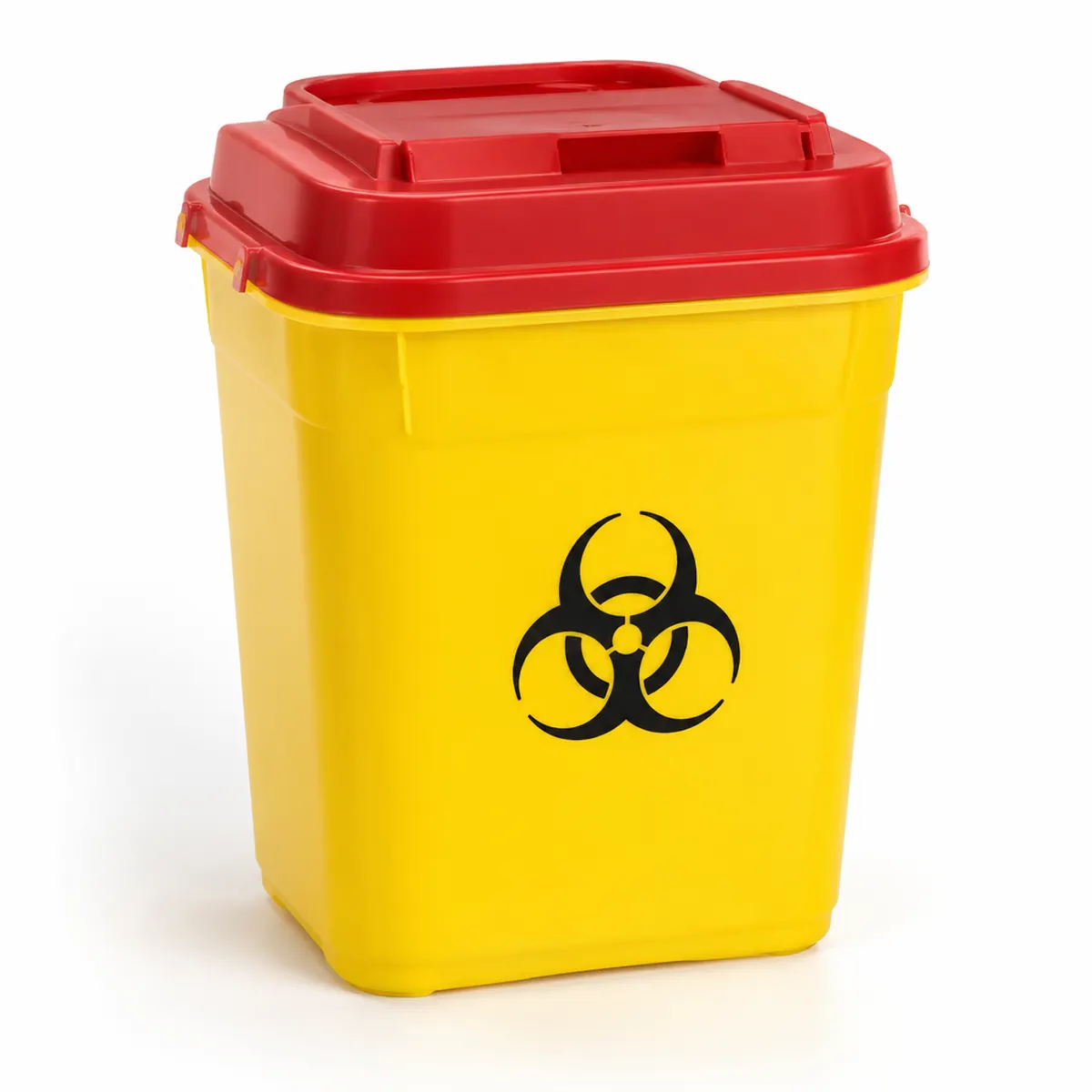 Yellow household sharps container with a red lid